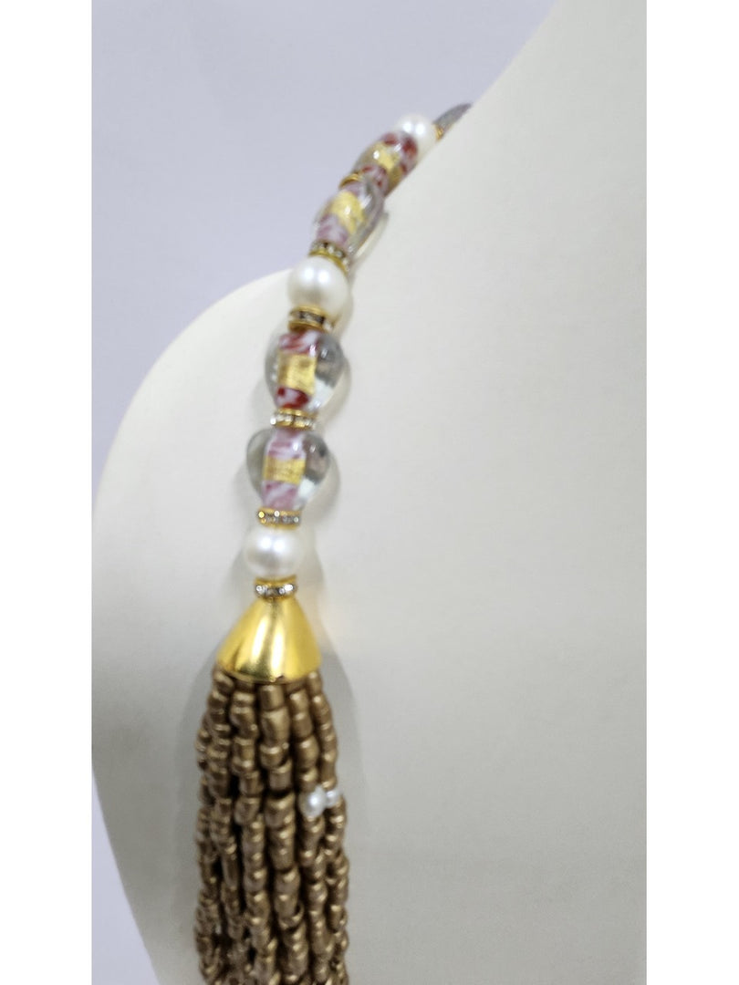 Golden Seed Bead With Glass Silver Foil Bead Necklace.