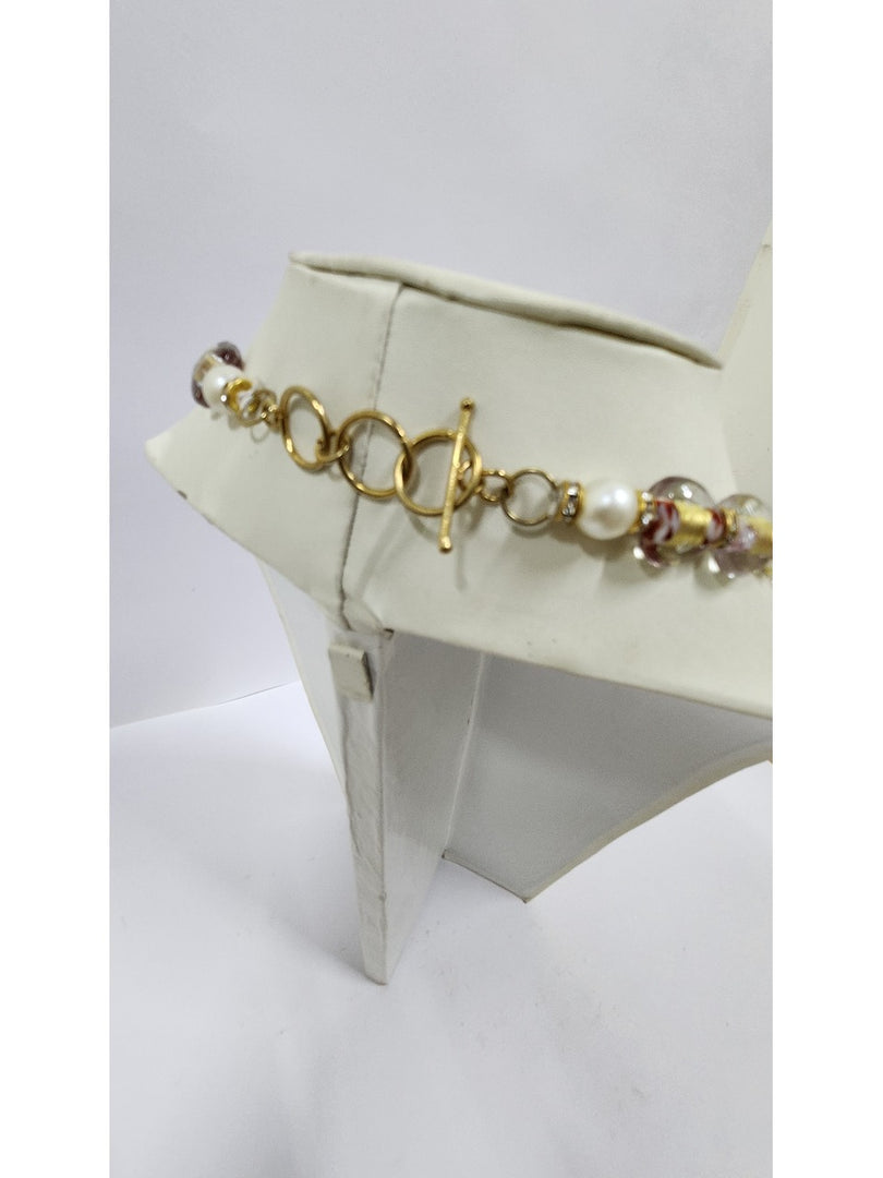 Golden Seed Bead With Glass Silver Foil Bead Necklace.