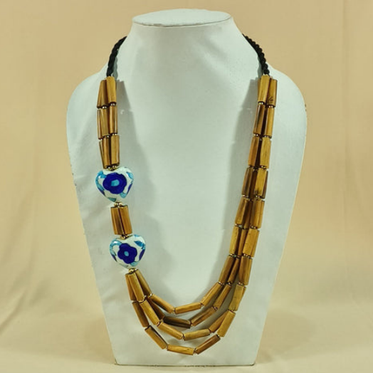 HORN PIPE & CERAMIC BEAD WITH GOLD METAL BOLL & THREAD BRAIDED NECKLACE