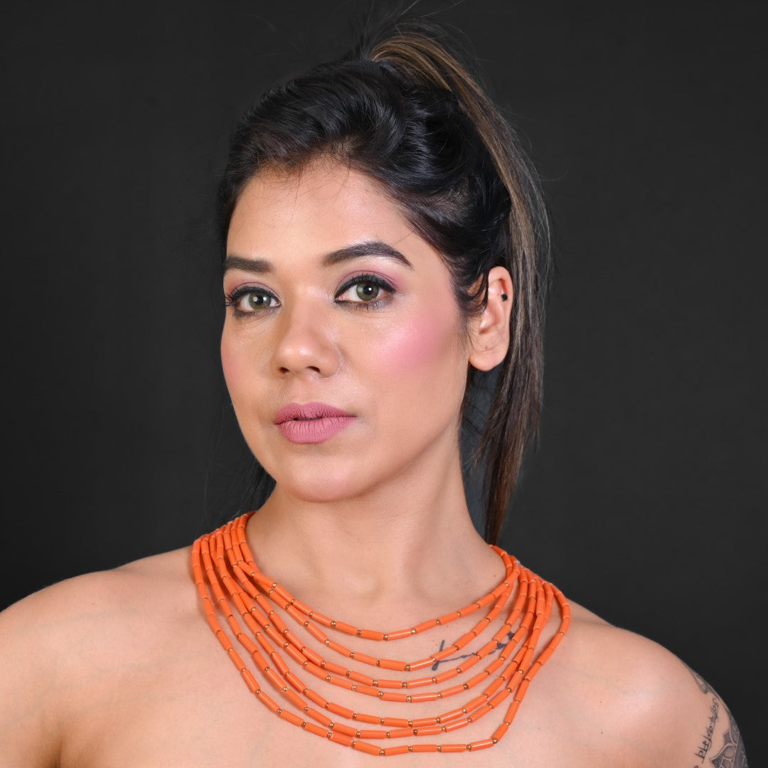 Orange Glass Bead Pipe Necklace