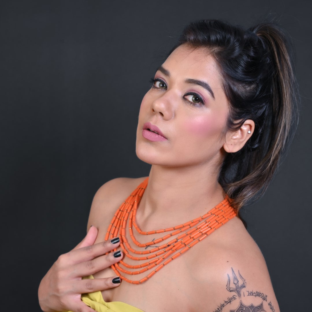 Orange Glass Bead Pipe Necklace