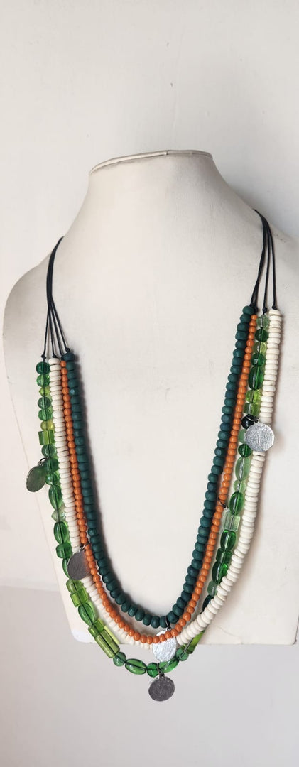 NK13951 Glass & bone bead wax cord multi layer necklace