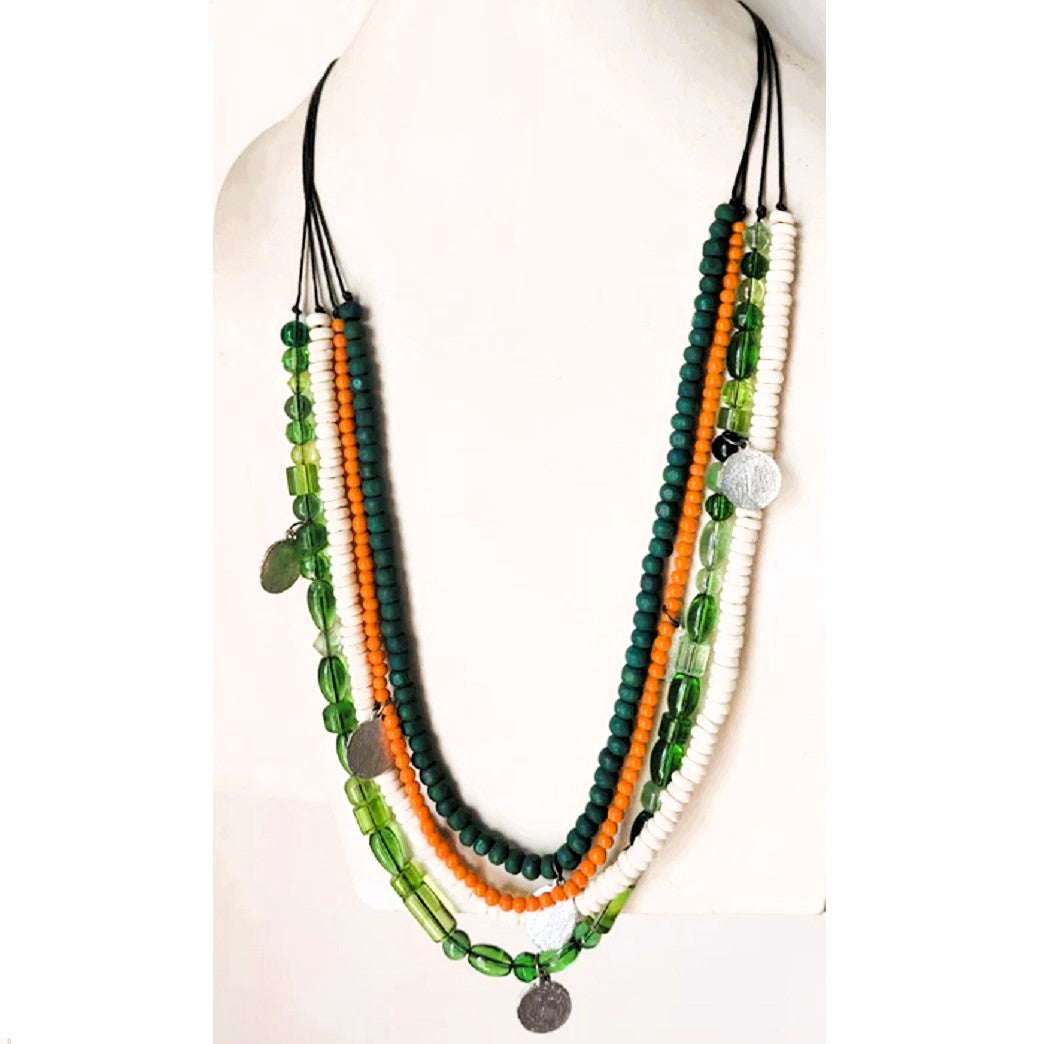 NK13951 MULTI LAYERED BONE/GLASS/WOODEN BEAD WITH WAXCORD NECKLACE