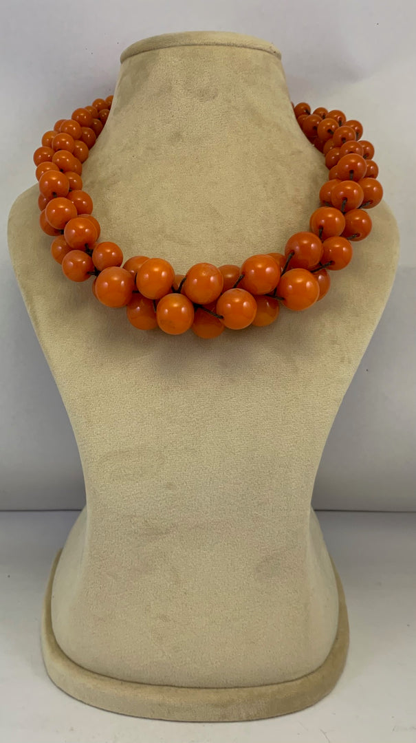 NK10021B ORANGE RESIN BEAD BRAIDED NECKLACE