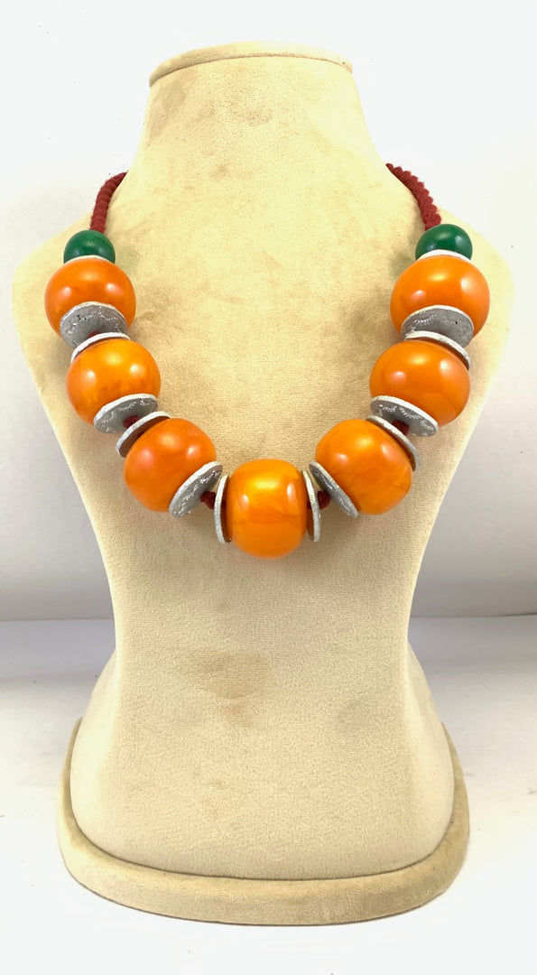 NK14943B RESIN/WOODEN BEAD WITH ALUMINIUM DISC & BRAIDED THREAD NECKLACE