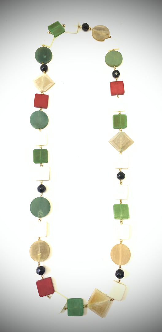 NK14849 HORN/BONE/GLASS BEAD NECKLACE