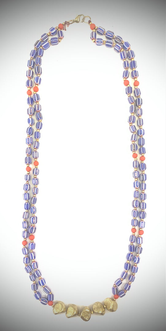 NK14923 GLASS/CHEVRON BEAD WITH GOLD METAL NUGGET NECKLACE