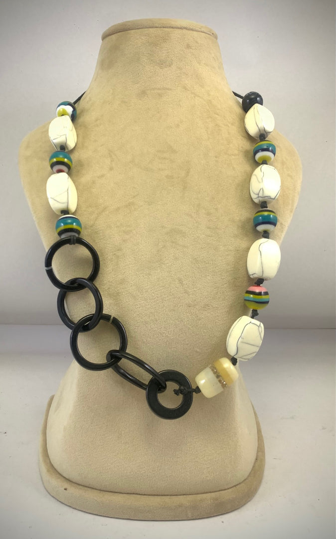 NK14959 RESIN BEAD/RING WITH BLACK  WAXCORD NECKLACE