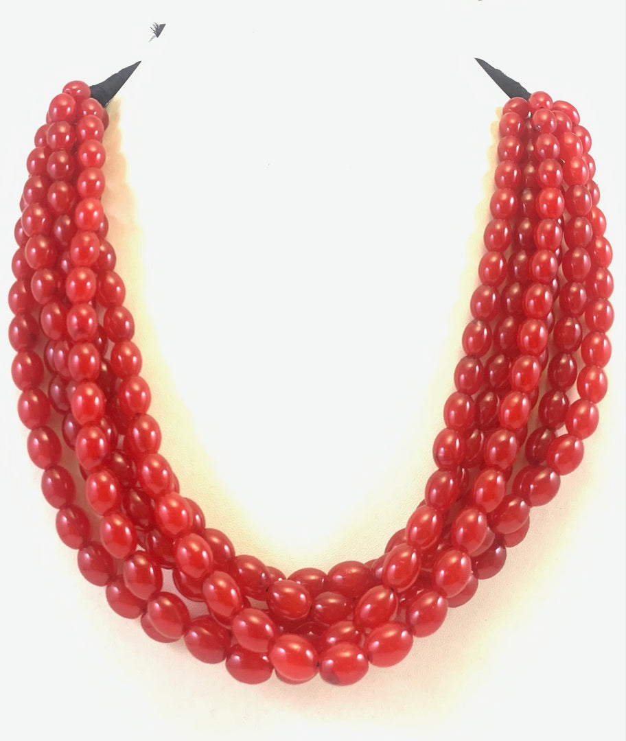 NK14533 RED MULTI LAYERED GLASS BEAD WITH BLACK RIBBON NECKLACE