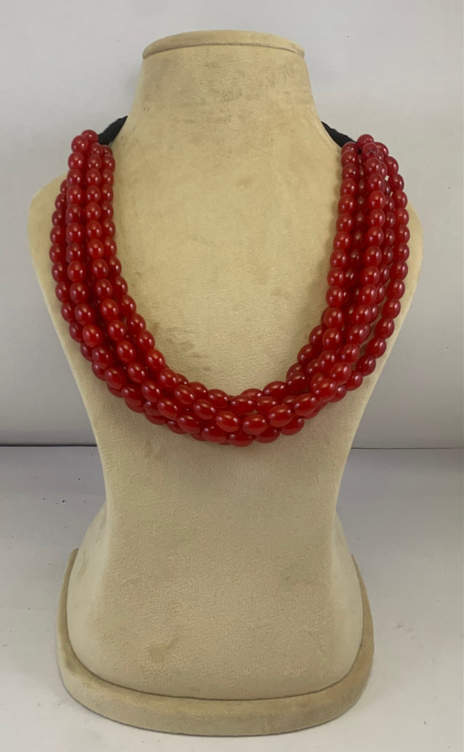 NK14533 RED MULTI LAYERED GLASS BEAD WITH BLACK RIBBON NECKLACE