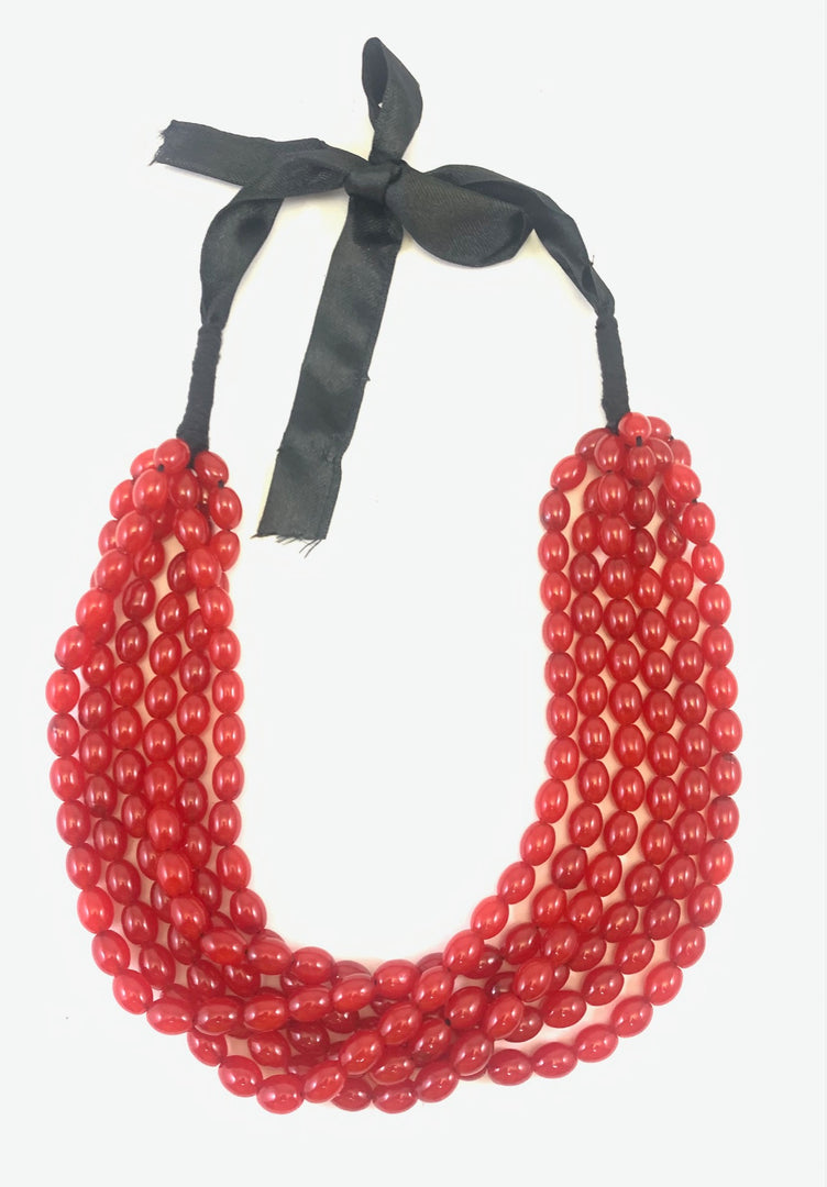 NK14533 RED MULTI LAYERED GLASS BEAD WITH BLACK RIBBON NECKLACE