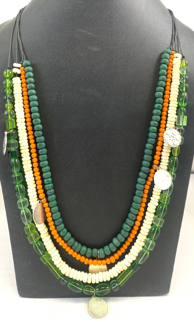 NK13951 MULTI LAYERED BONE/GLASS/WOODEN BEAD WITH WAXCORD NECKLACE