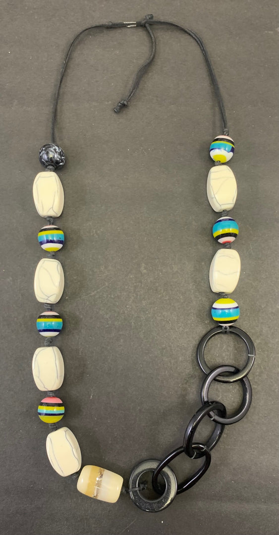 NK14959 RESIN BEAD/RING WITH BLACK  WAXCORD NECKLACE