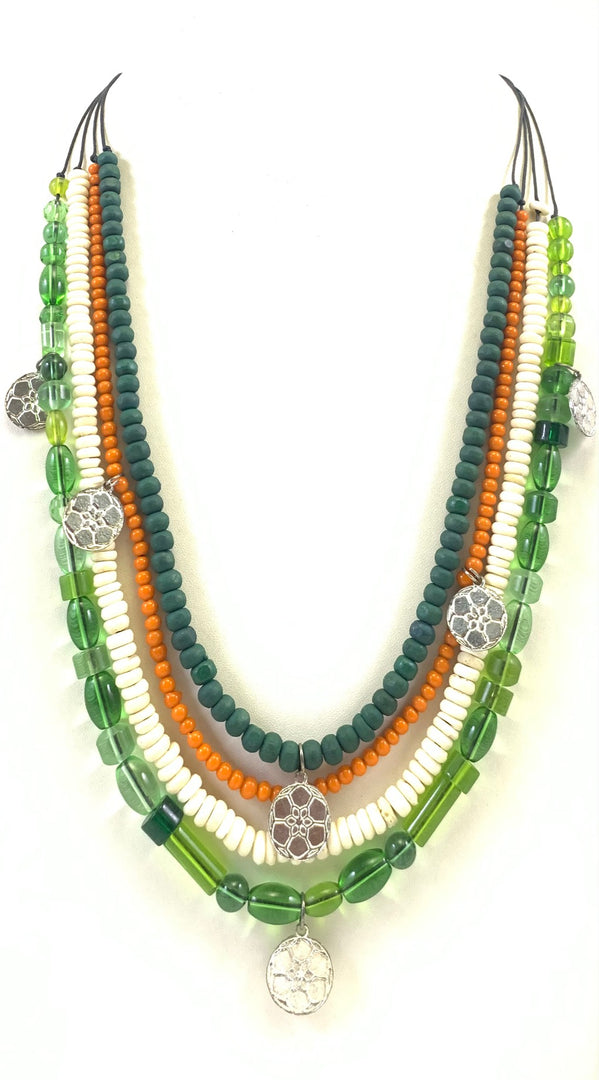 NK13951 MULTI LAYERED BONE/GLASS/WOODEN BEAD WITH WAXCORD NECKLACE