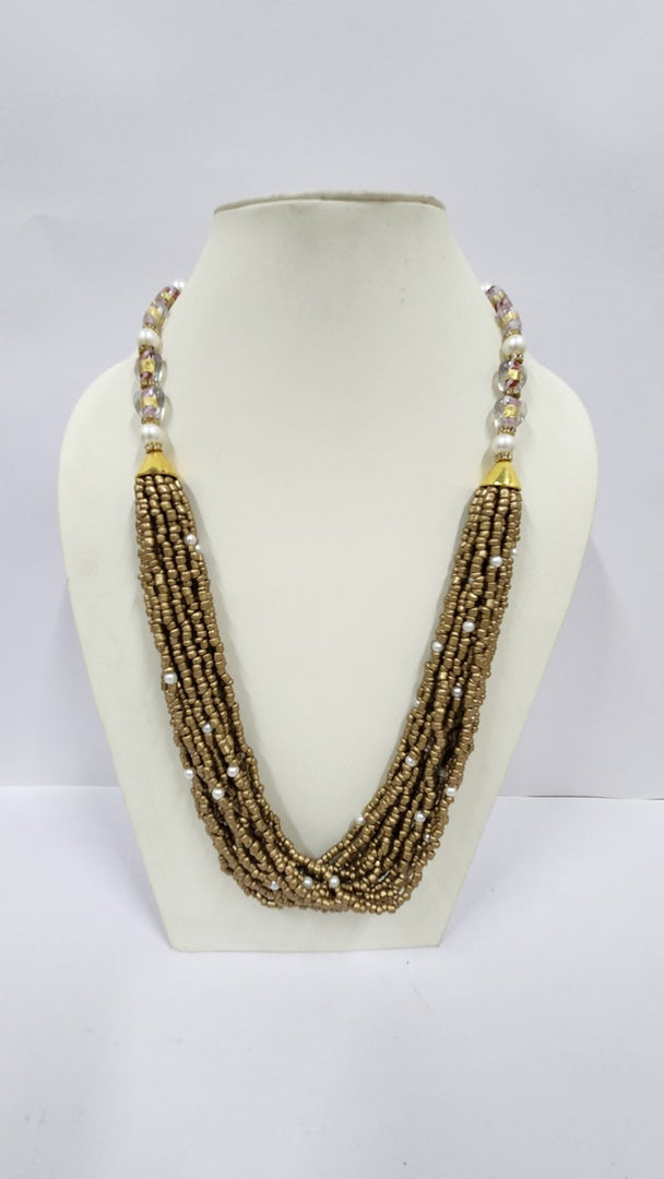 Golden Seed Bead With Glass Silver Foil Bead Necklace.