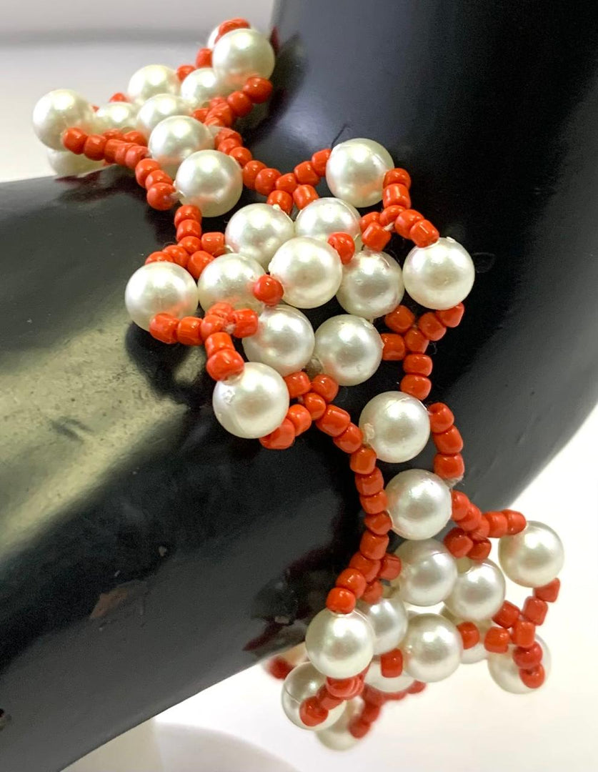 NK14593A WHITE ORANGE COLOR PLASTIC PEARL & SEED BEAD NECKLACE SET