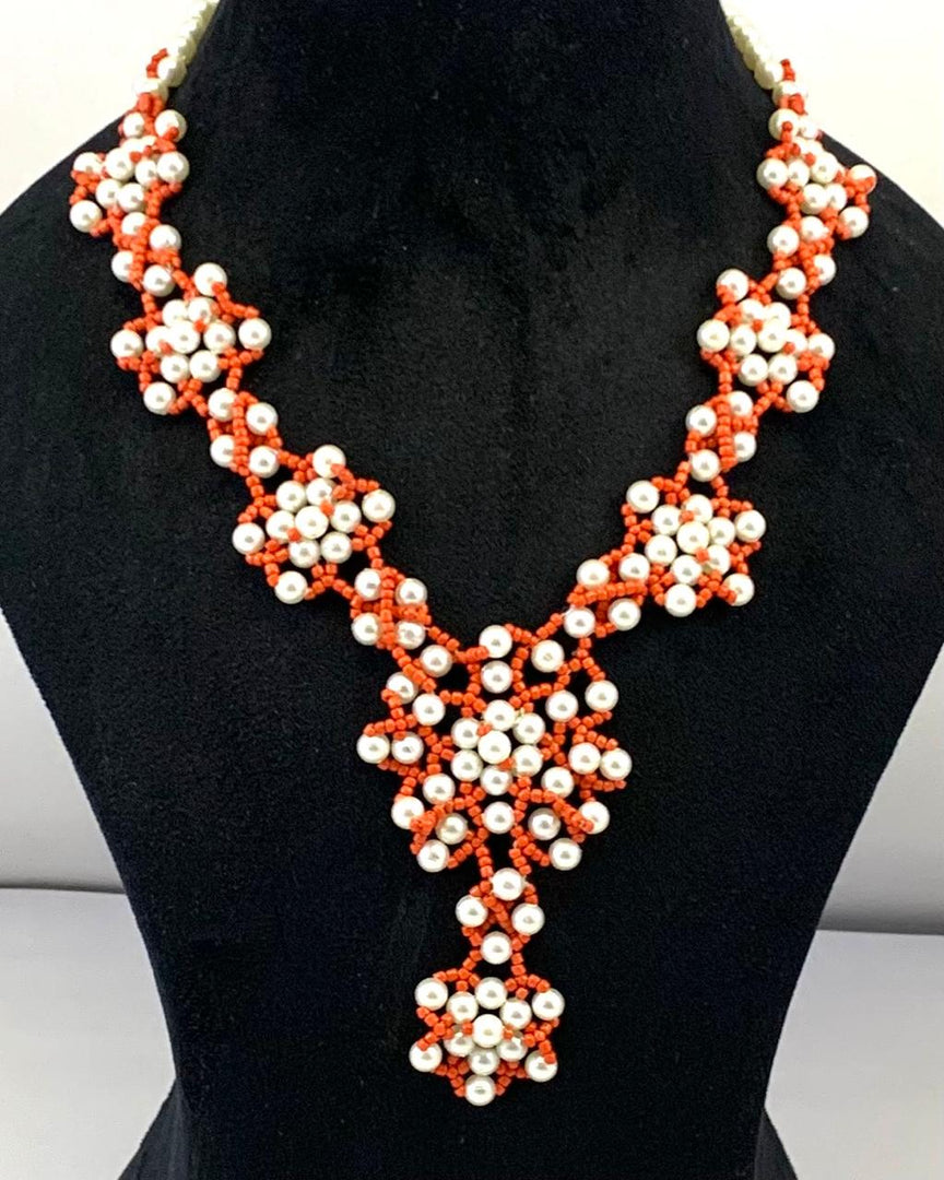 NK14593A WHITE ORANGE COLOR PLASTIC PEARL & SEED BEAD NECKLACE SET