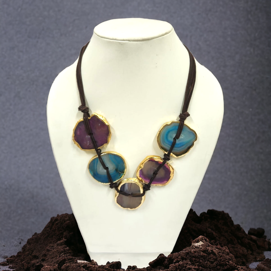 Wax Cord Purple & Blue Agate Necklace