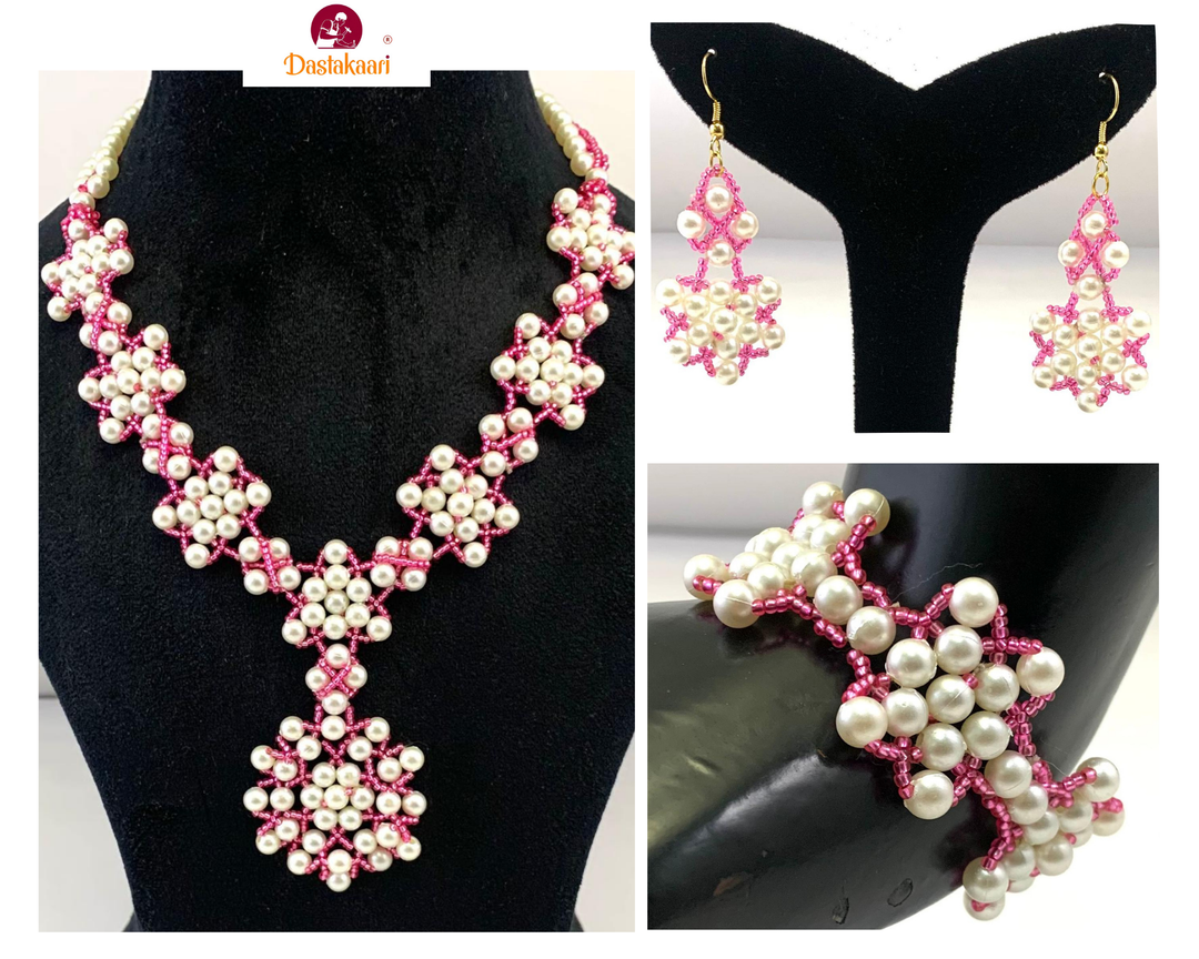NK14152A WHITE PINK COLOR PLASTIC PEARL & SEED BEAD NECKLACE SET