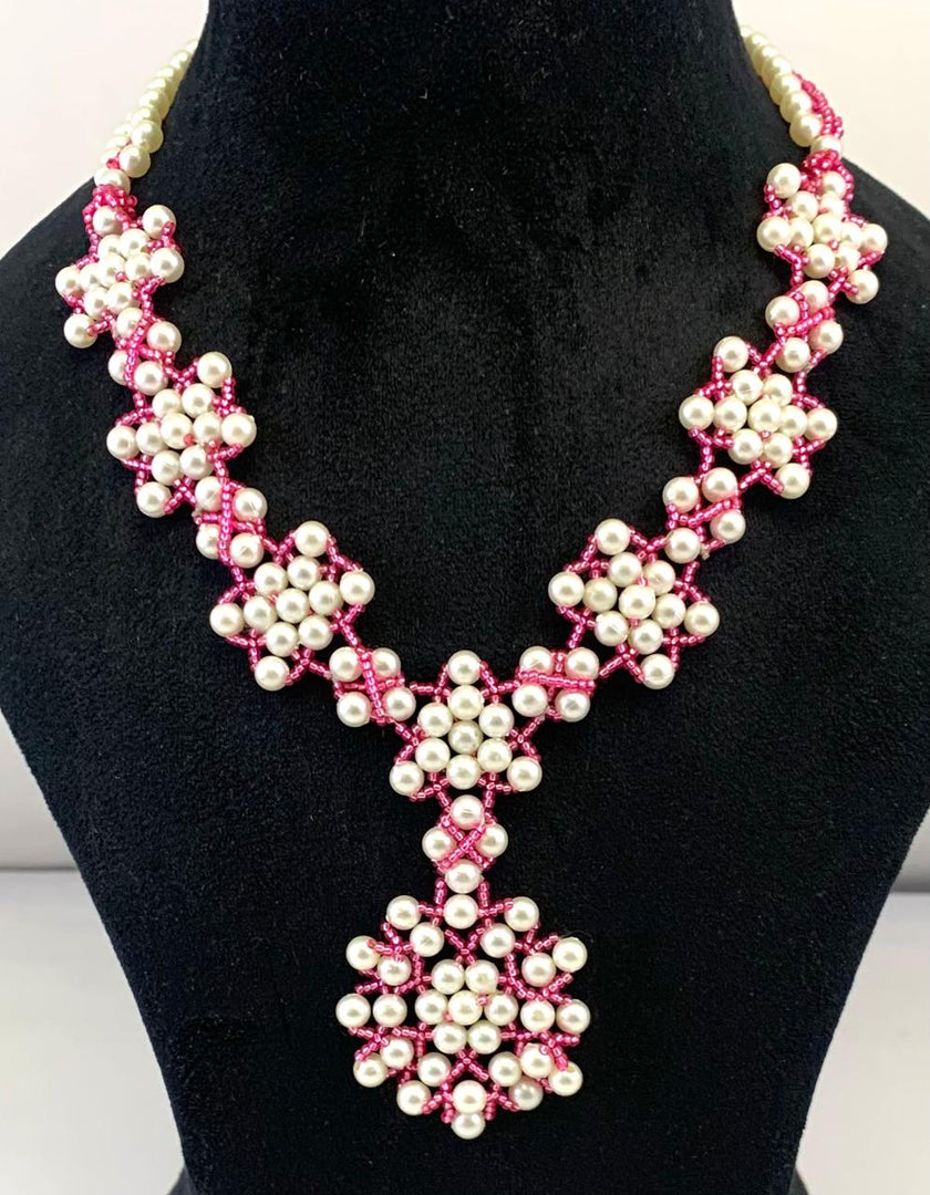 NK14152A WHITE PINK COLOR PLASTIC PEARL & SEED BEAD NECKLACE SET
