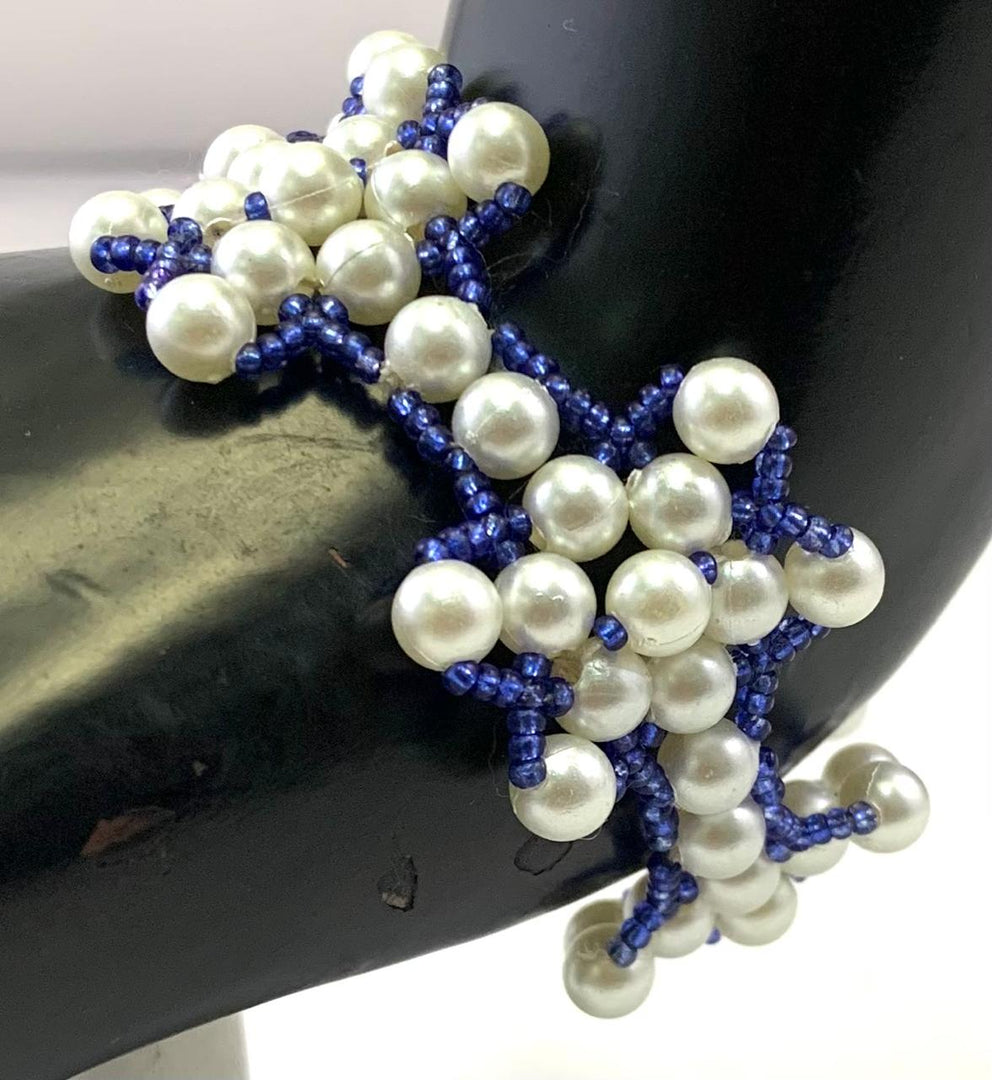 NK14152B WHITE BLUE COLOR PLASTIC PEARL & SEED BEAD NECKLACE SET