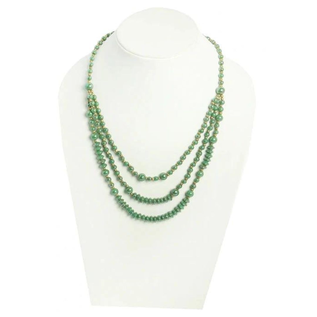 Green glass bead luster polish & brass ball 3 mm necklace