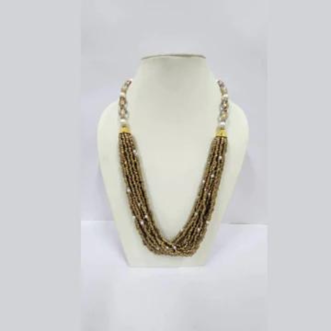 Golden Seed Bead With Glass Silver Foil Bead Necklace.
