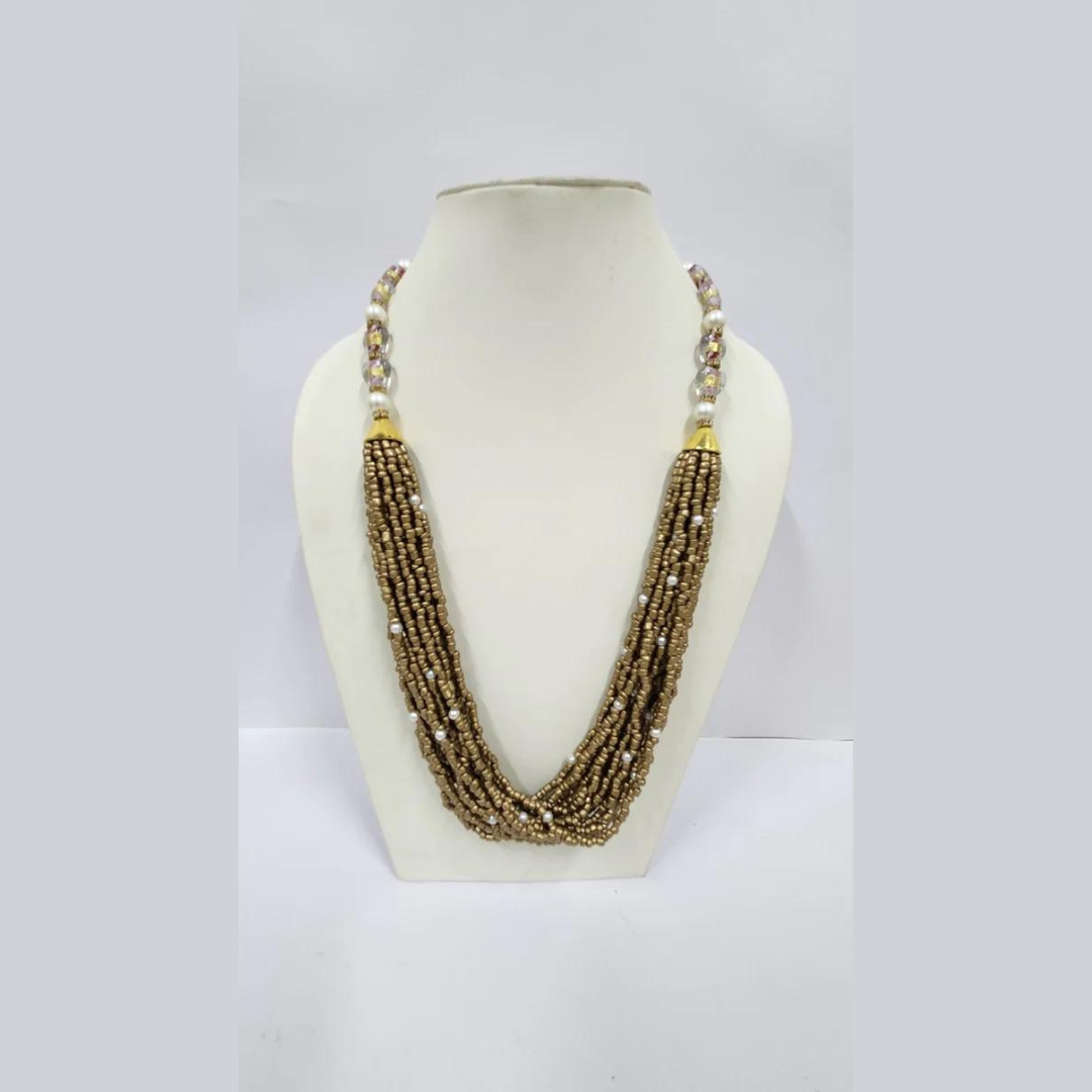 Golden Seed Bead With Glass Silver Foil Bead Necklace.