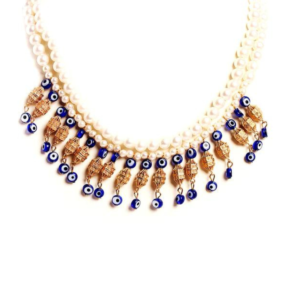 Artificial white pearl bead & evil eye glass bead necklace