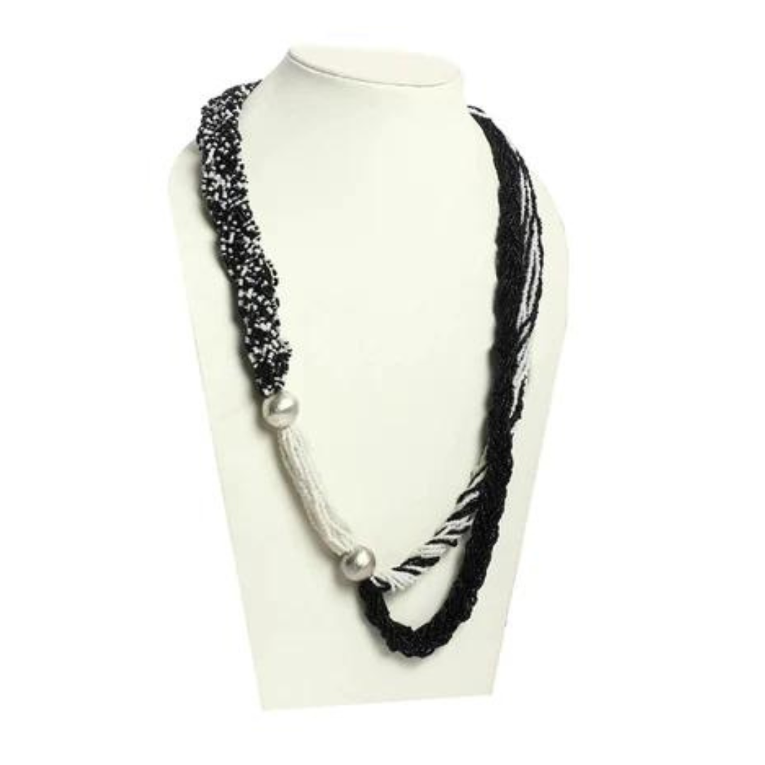 Black & white seed bead with metal ball necklace