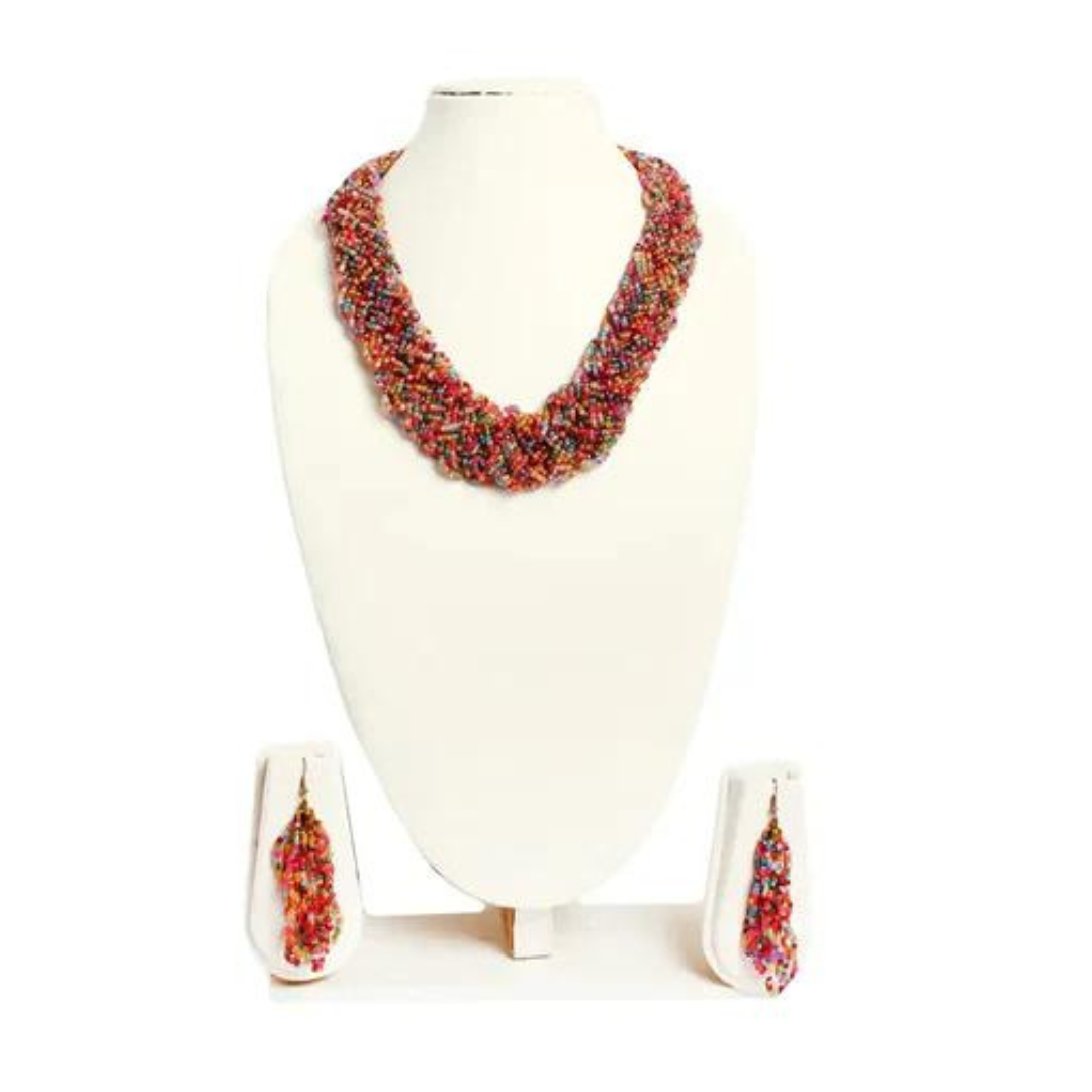 Multicolor seed bead choti necklace with matching earrings set