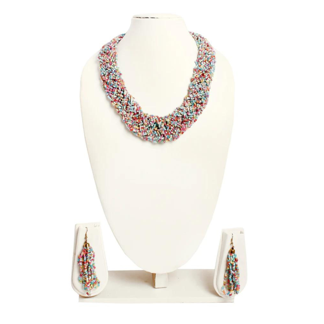 Multicolor Seed Bead Necklace With Earrings