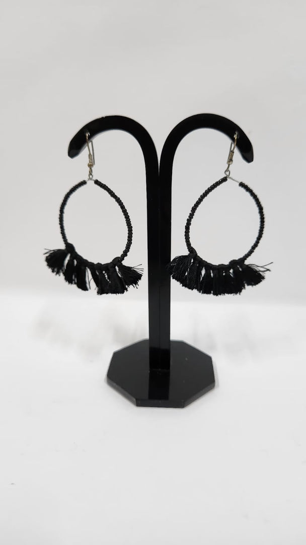 SEED BEAD WITH TASSLES BLACK COLOR LOOP EARRINGS