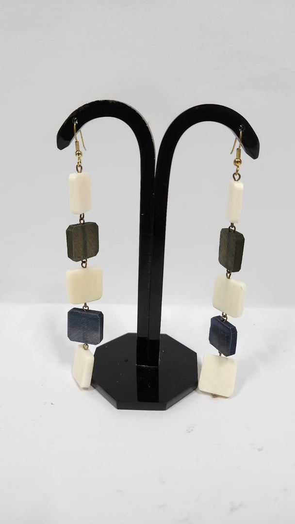 ACRYLIC BEAD DARK GREEN,WHITE & BLUE COLOR EARRINGS