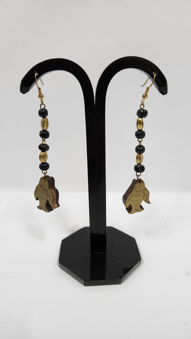 WOODEN BEAD WITH FISH BRASS INLAY GOLDEN & BLACK COLOR EARRINGS