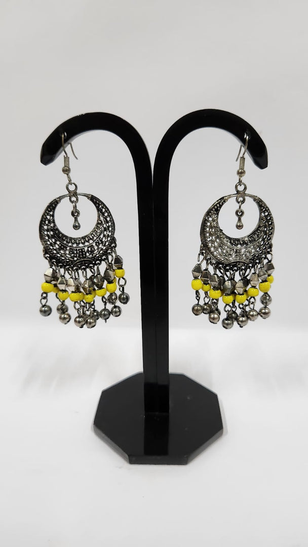 BLACK SILVER METAL WITH YELLOW GLASS BEAD EARRINGS
