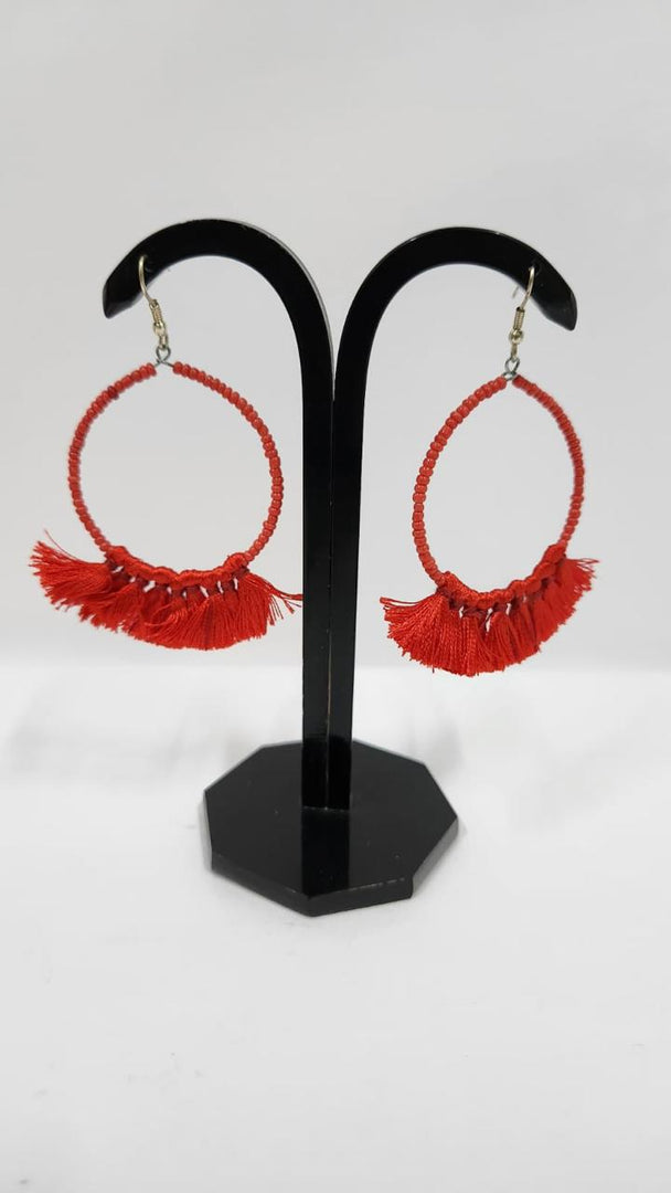 SEED BEAD WITH TASSLES RED COLOR LOOP EARRINGS