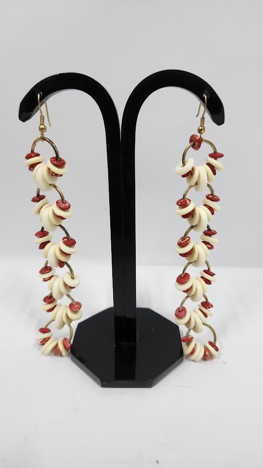 BONE BEAD NATURAL & RED COLOR EARRINGS