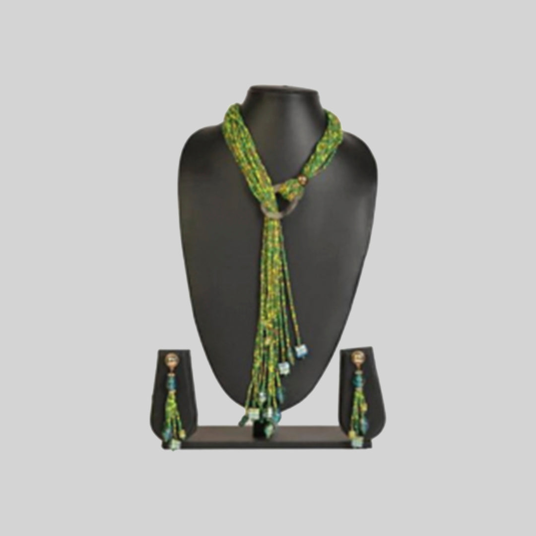 Green multicolor seed bead ring necklace with matching earrings
