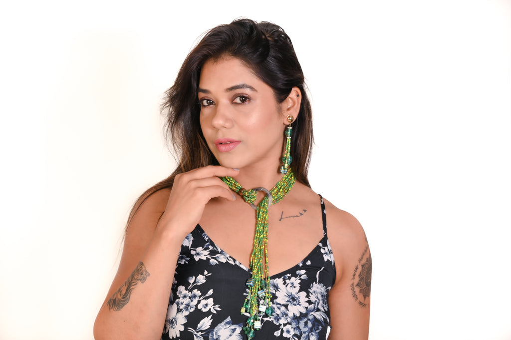 NK 11892 Green multicolor seed bead ring necklace with matching earrings dastakaaristore