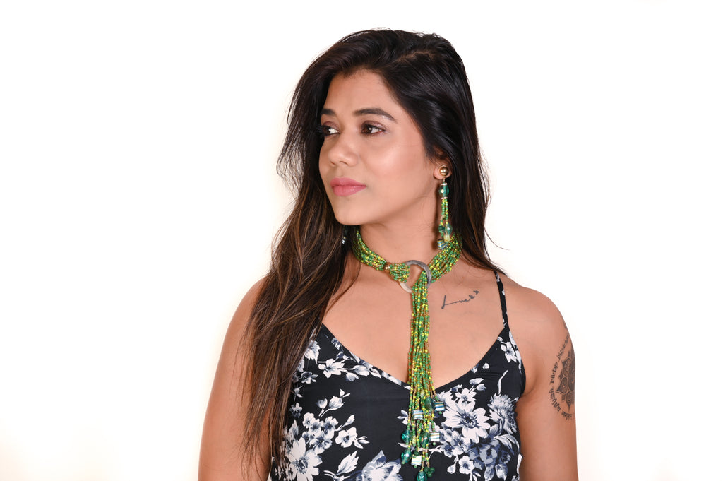 NK 11892 Green multicolor seed bead ring necklace with matching earrings dastakaaristore