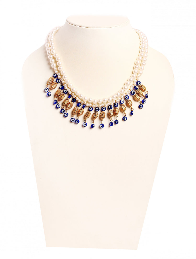 NK 12026 Artificial white pearl bead & evil eye glass bead necklace dastakaaristore