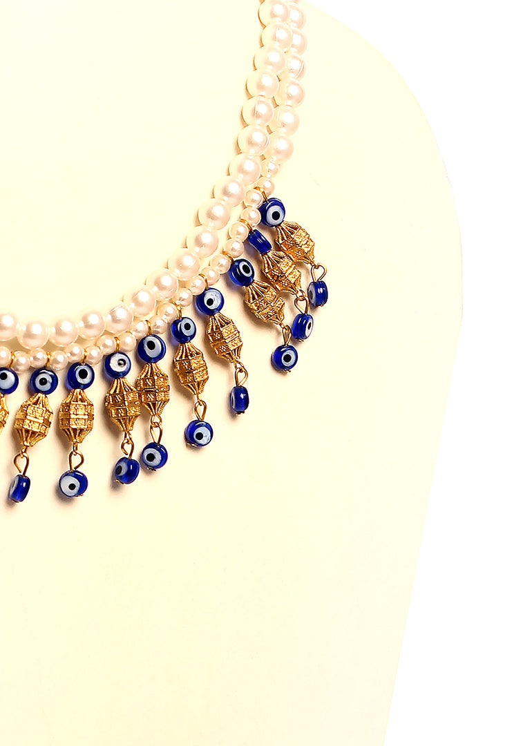 NK 12026 Artificial white pearl bead & evil eye glass bead necklace dastakaaristore