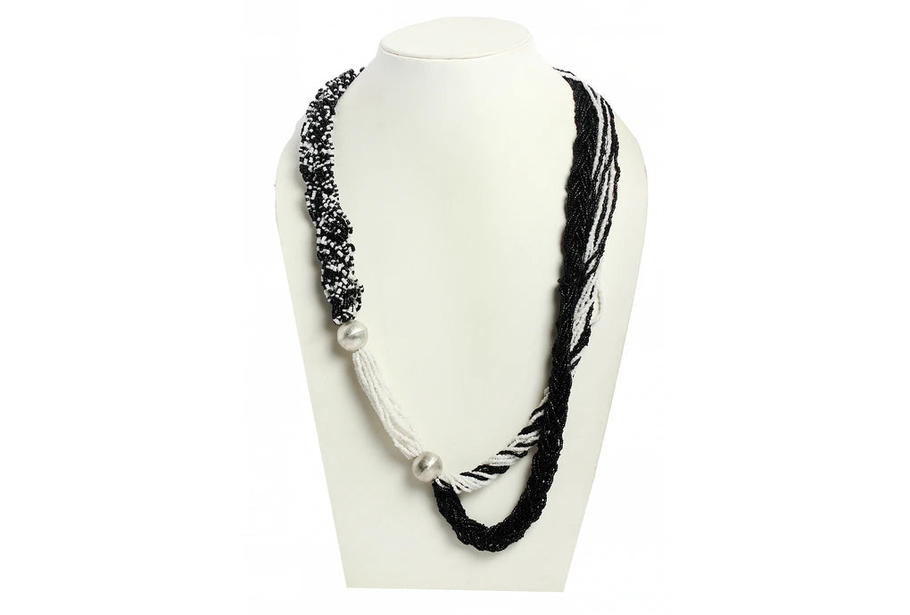 NK 3563 Black & white seed bead with metal ball necklace dastakaaristore