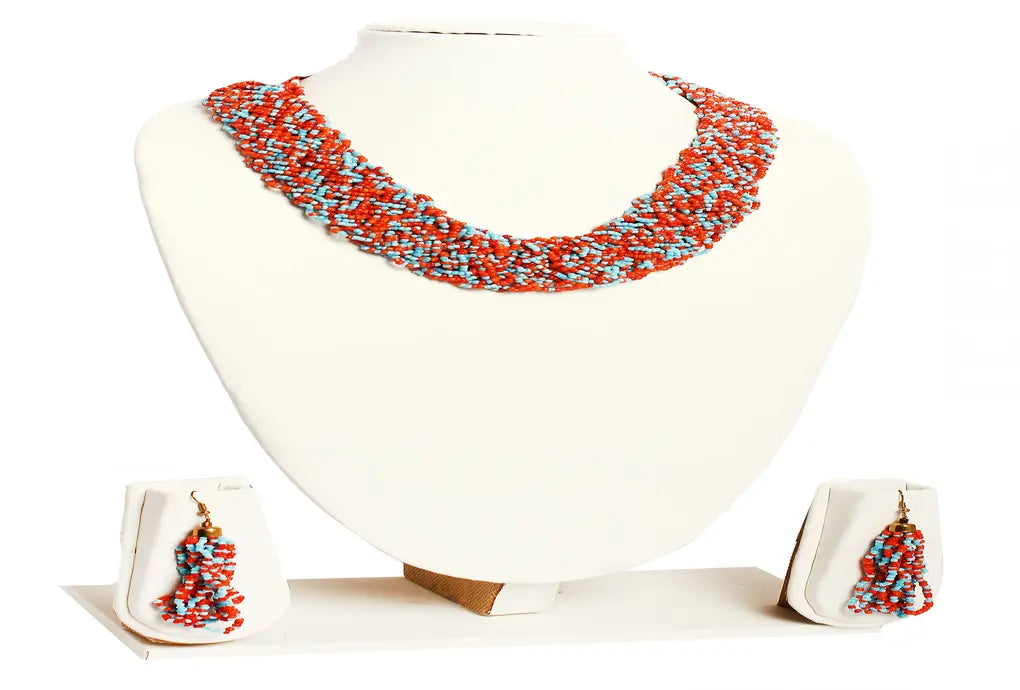 NK 3739 Red Multicolor seed bead choti necklace with matching earrings set dastakaaristore