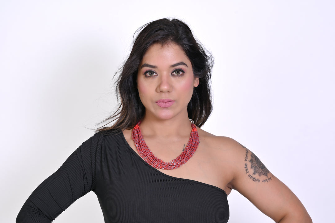 NK 6809 Red color glass bead & silver chain necklace dastakaaristore