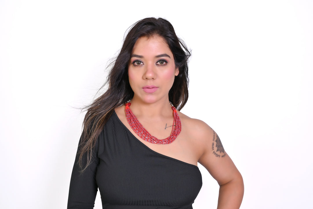 NK 6809 Red color glass bead & silver chain necklace dastakaaristore