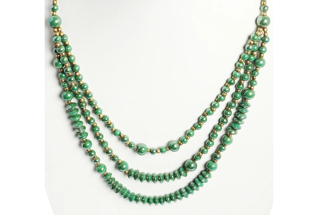 VPJ 229B Green glass bead luster polish & brass ball 3 mm necklace dastakaaristore