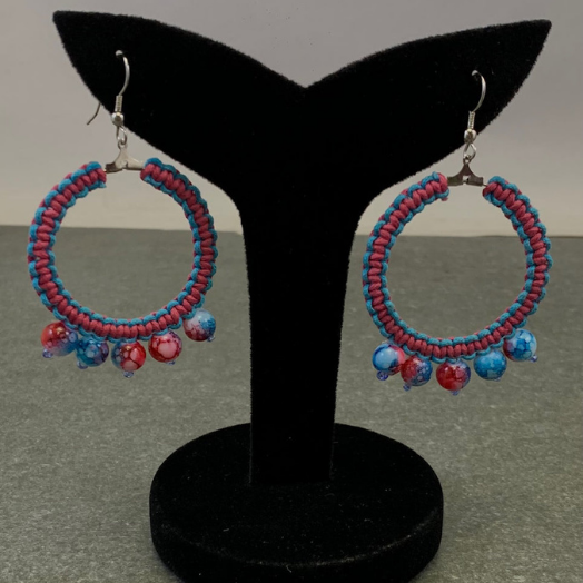 PINK AND LIGHT BLUE WAXCORD WITH GLASS BEAD EARRING