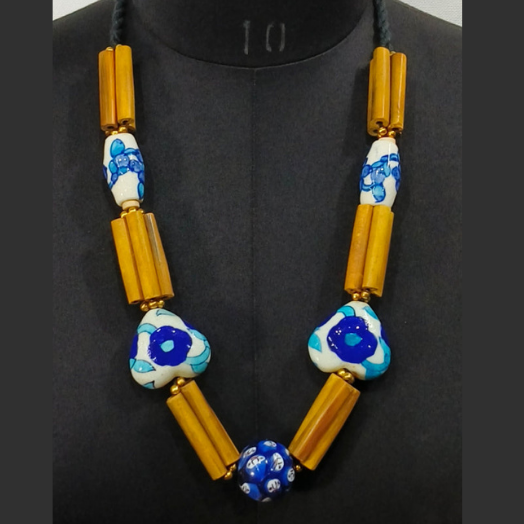 HORN PIPE & CEREMIC BEAD WITH THREAD BRAIDED NECKLACE